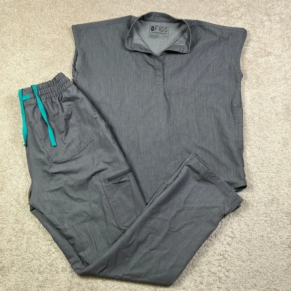 FIGS Technical Collection Scrubs Set Women XXS Top S Pants Graphite Grey Heather - Picture 1 of 15